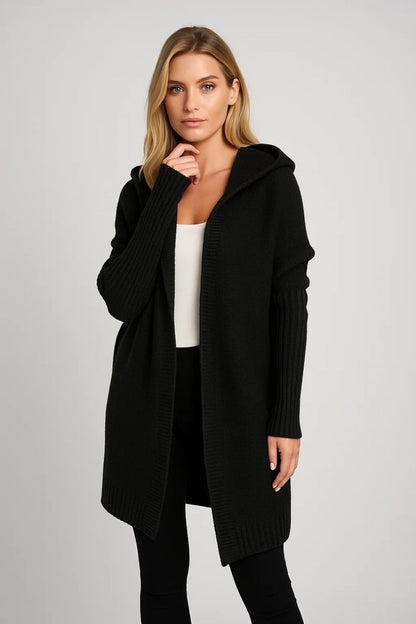 Elena – Cardigan Lungo Con Cappuccio E Maniche A Coste