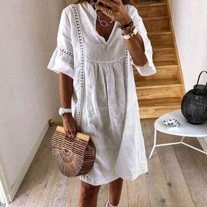 Carolina - Abito Boho Fluttuante con Dettagli in Pizzo Bianco