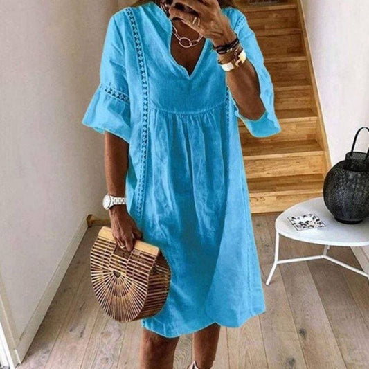 Carolina - Abito Boho Fluttuante con Dettagli in Pizzo Blu