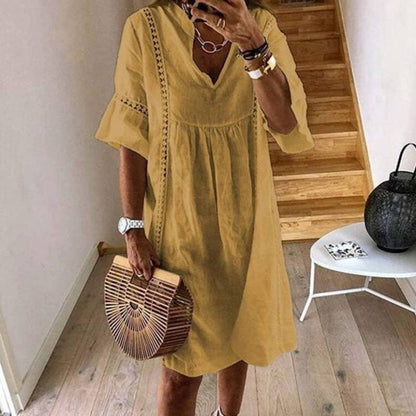 Carolina - Abito Boho Fluttuante con Dettagli in Pizzo Giallo