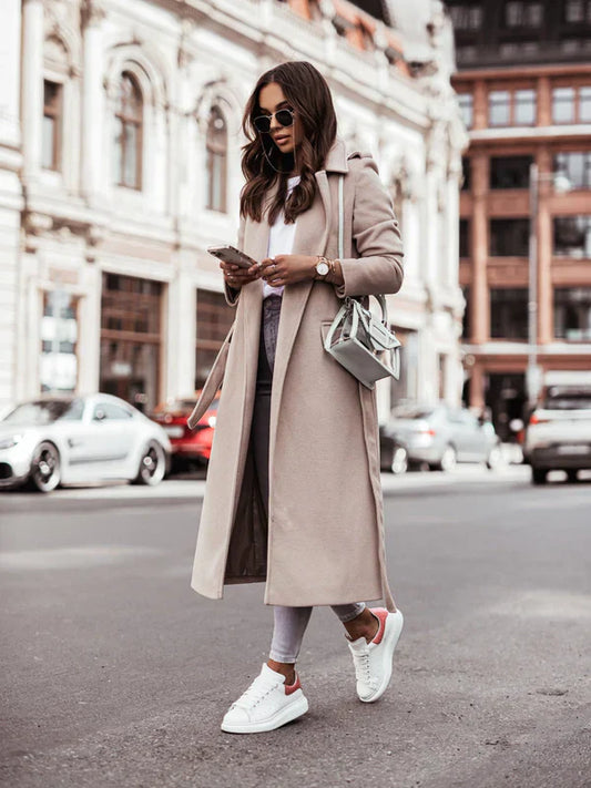 Carolina – Cappotto Donna Elegante con Cintura in Vita Beige