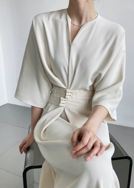 Celeste – Tuta Donna Elegante Autunnale in Crêpe Drappeggiato Bianco