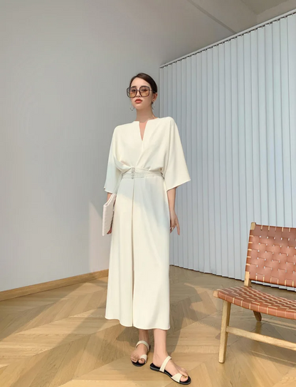 Celeste – Tuta Donna Elegante Autunnale in Crêpe Drappeggiato Bianco
