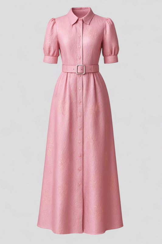 Imelda - Abito camicia lungo rosa in jacquard con fiori e cintura coordinata