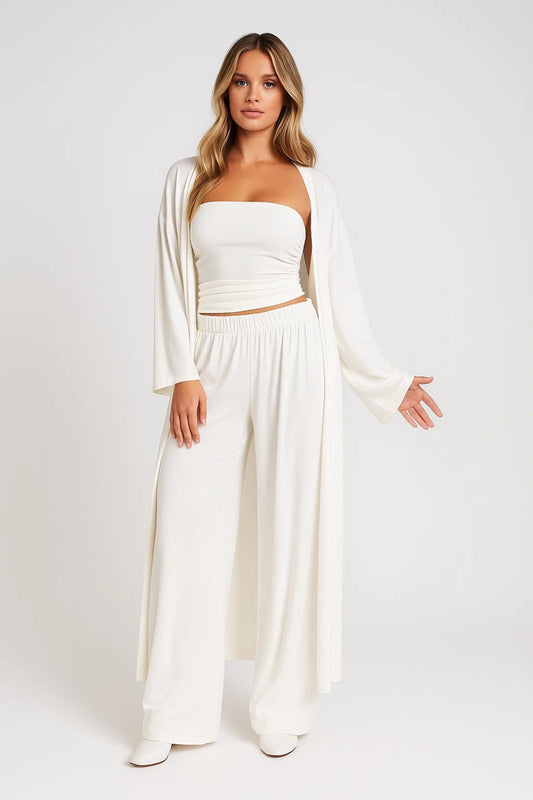 Gaia – Coordinato Tre Pezzi Con Top A Fascia E Kimono Lungo In Stile Chic