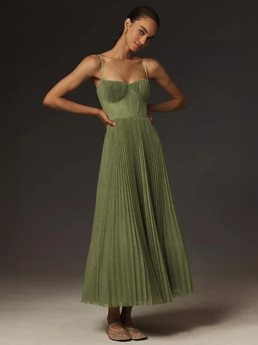 Concetta - Abito Midi con Corpetto in Tulle Pieghettato Verde