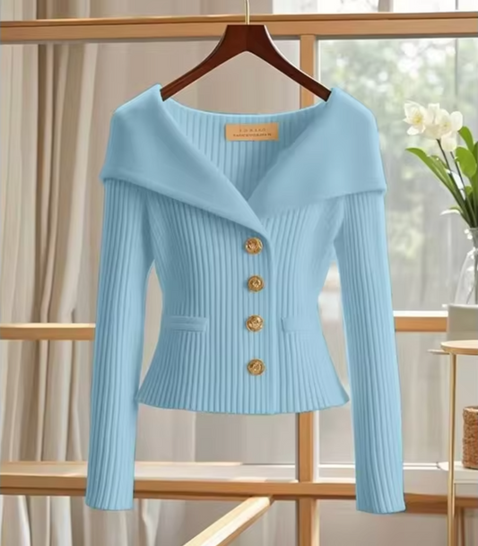 Concetta – Cardigan Corto Lavorato a Maglia Azzurro