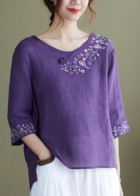 Gaia - Top Viola Ricamato Mezzo Manica Donna