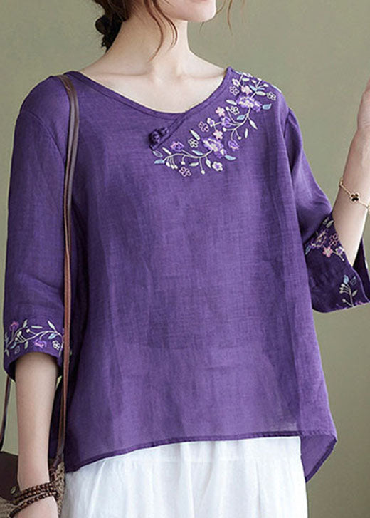 Gaia - Top Viola Ricamato Mezzo Manica Donna