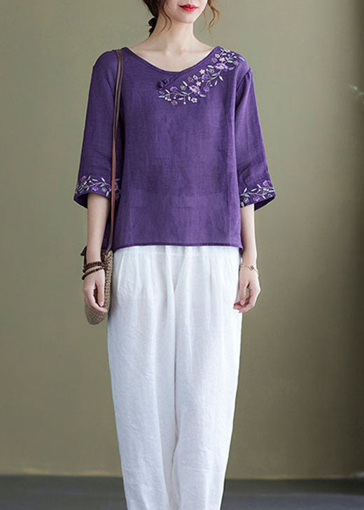 Gaia - Top Viola Ricamato Mezzo Manica Donna