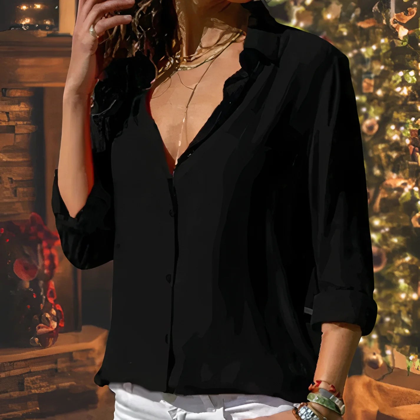 Delfina - Blusa a maniche lunghe con design raffinato Nero