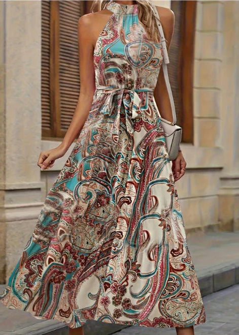 Diamante - Abito a Vita Alta con Stampa Boho e Maniche Lunghe  Albicocca 