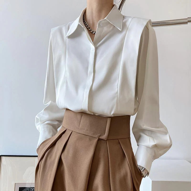 Diletta - Camicia Chiffon Satinato con Rouches e Maniche Lunghe Bianco