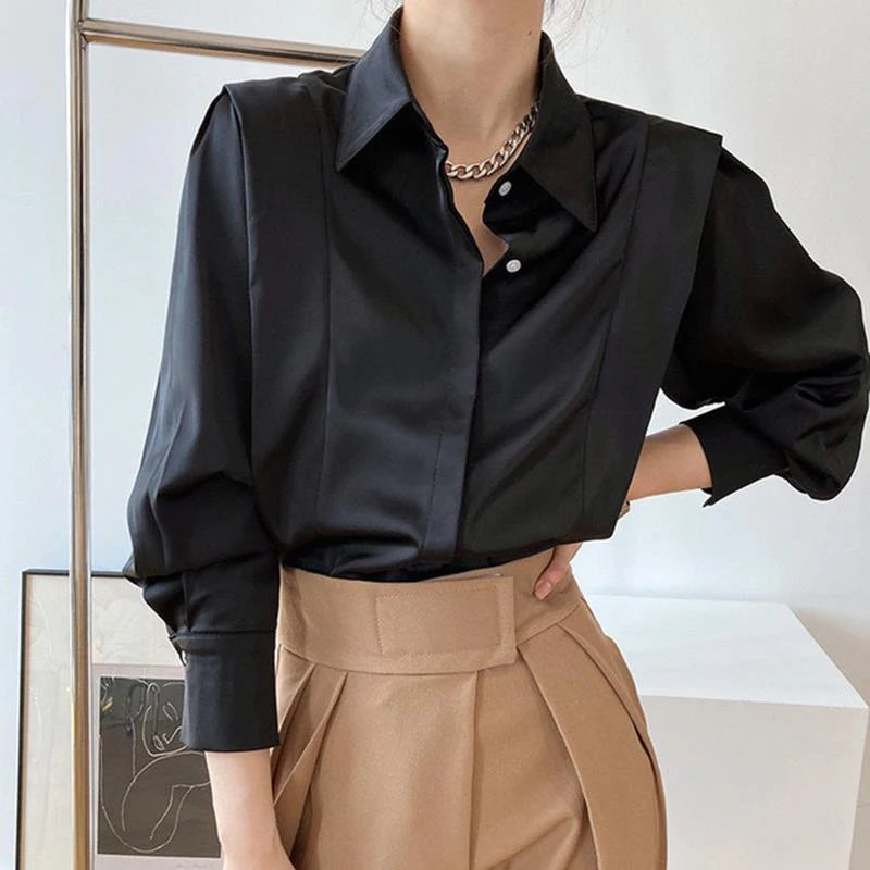 Diletta - Camicia Chiffon Satinato con Rouches e Maniche Lunghe Nero