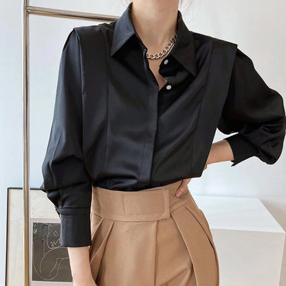 Diletta - Camicia Chiffon Satinato con Rouches e Maniche Lunghe Nero