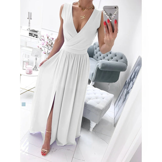 Dorotea - Abito Maxi Bianco Senza Maniche con Bottoni in Legno Bianco