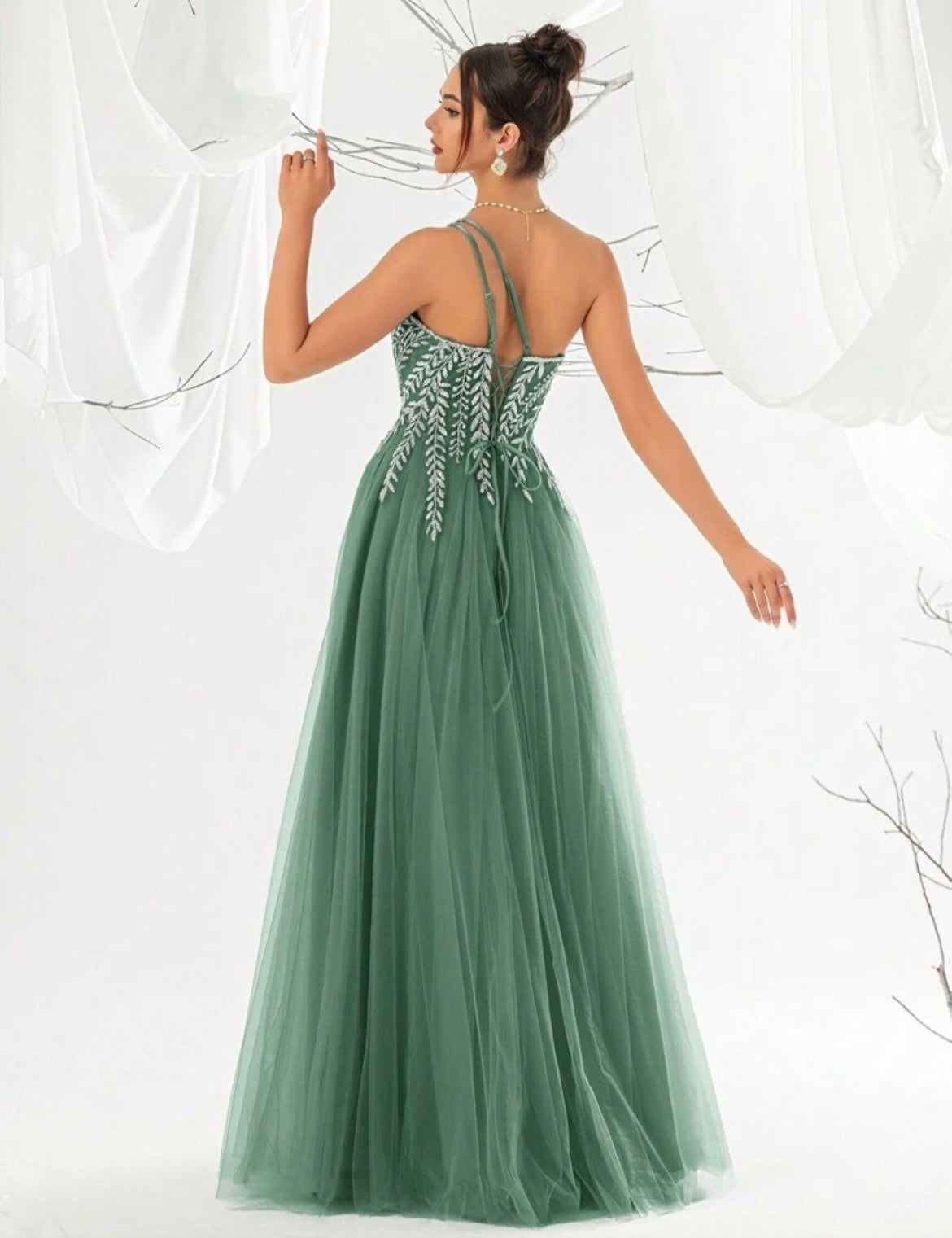 Greta - Abito Lungo Monospalla Paillettes Perline Tulle Donna