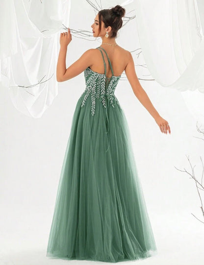 Greta - Abito Lungo Monospalla Paillettes Perline Tulle Donna