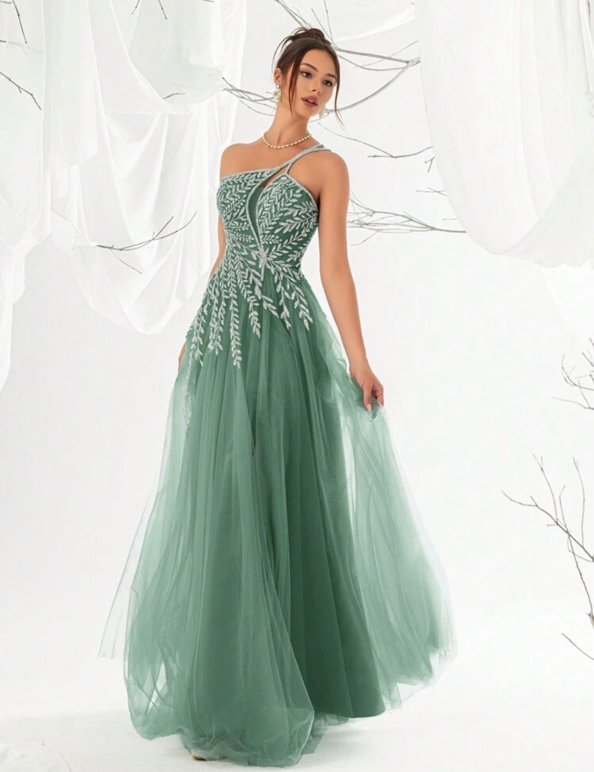 Greta - Abito Lungo Monospalla Paillettes Perline Tulle Donna