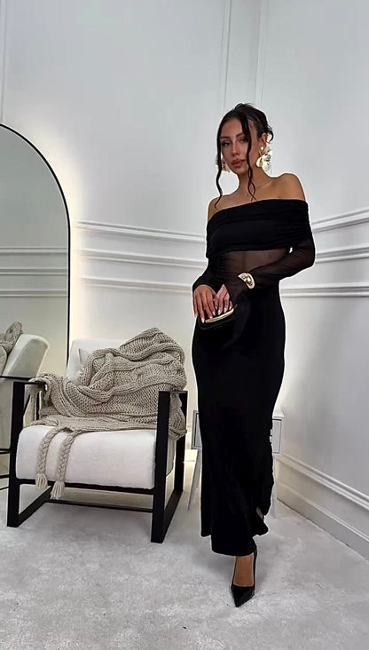 Giacinta - Abito Lungo Scollo Barca Trasparenza Donna