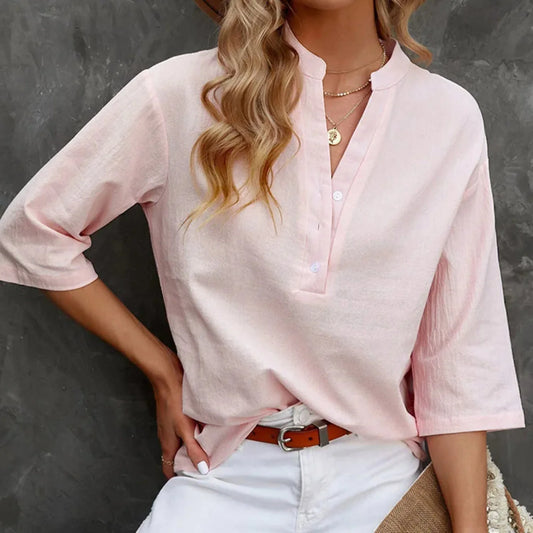 Elda – Blusa in Lino con Collo Alto per Donna Rose