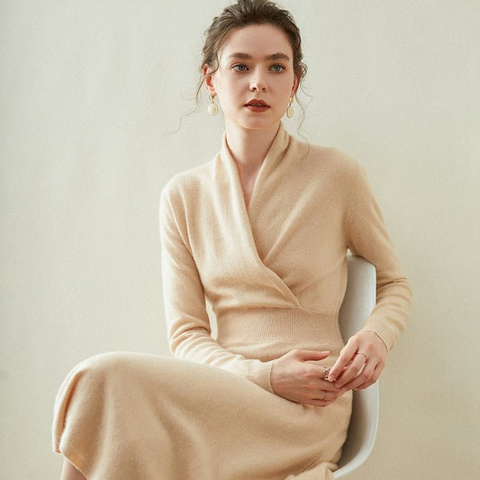 Elena - Abito Donna Cachemire Elegante Midi Beige 