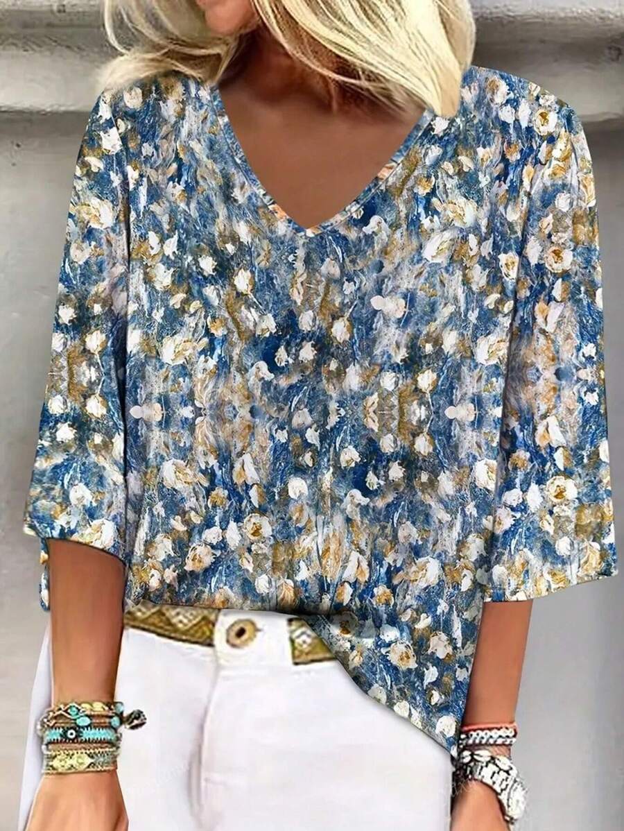 Elena – Maglietta Donna con Scollo a V e Stampa Floreale 1