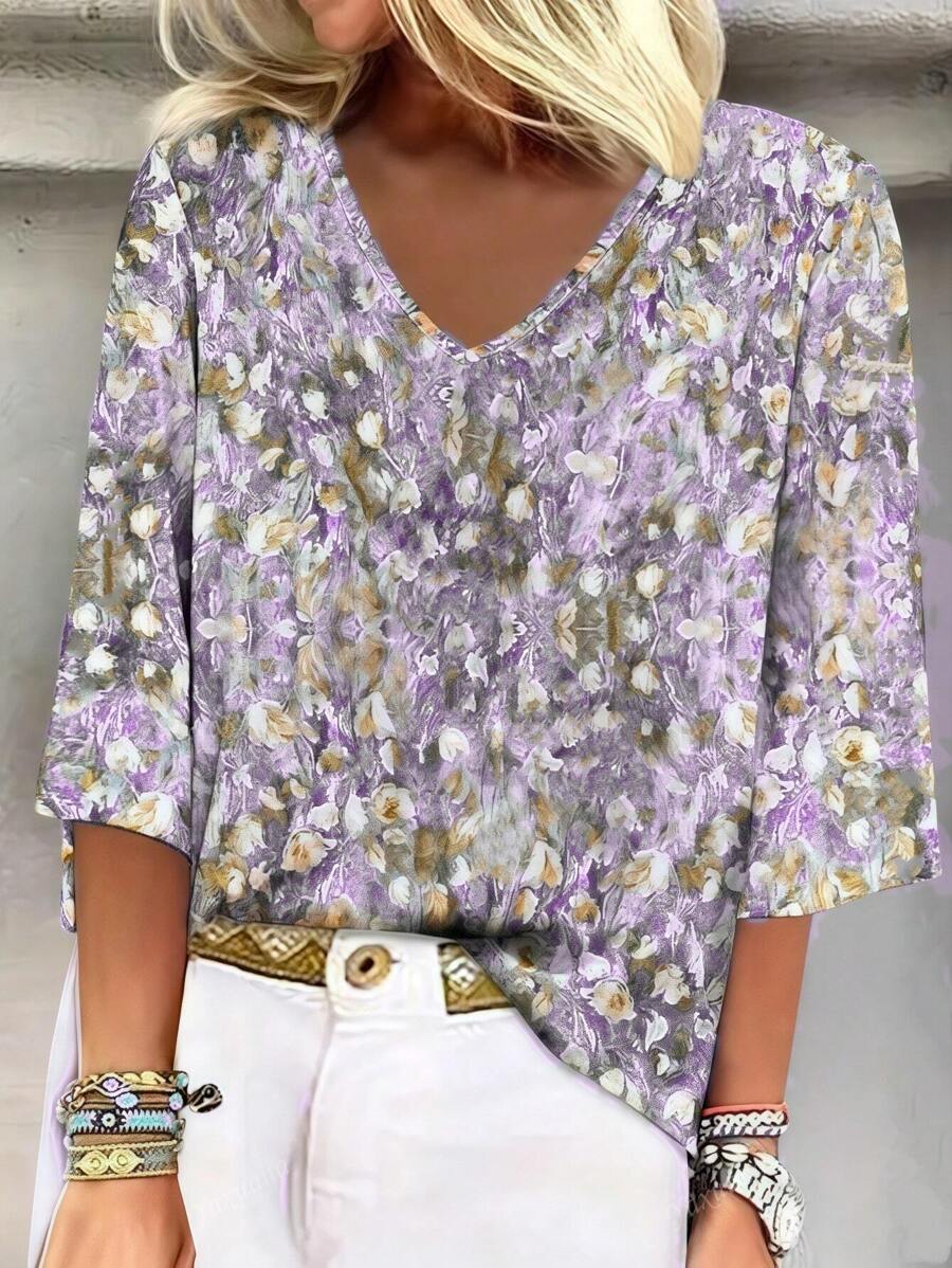 Elena – Maglietta Donna con Scollo a V e Stampa Floreale 5