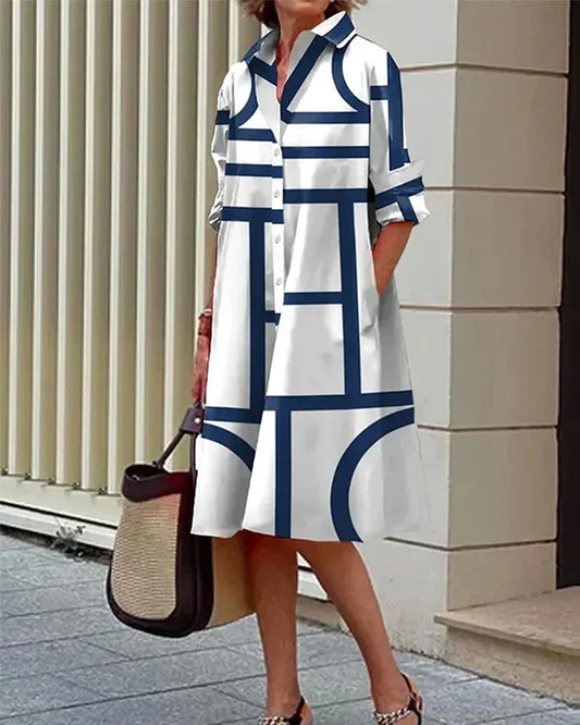 Emanuela – Abito con Tasche e Stampa Geometrica per Donna Blu