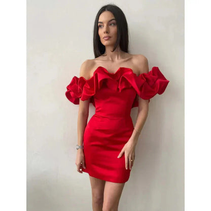 Enrica – Abito con Rouches e Spalle Scoperte per Donna Rosso