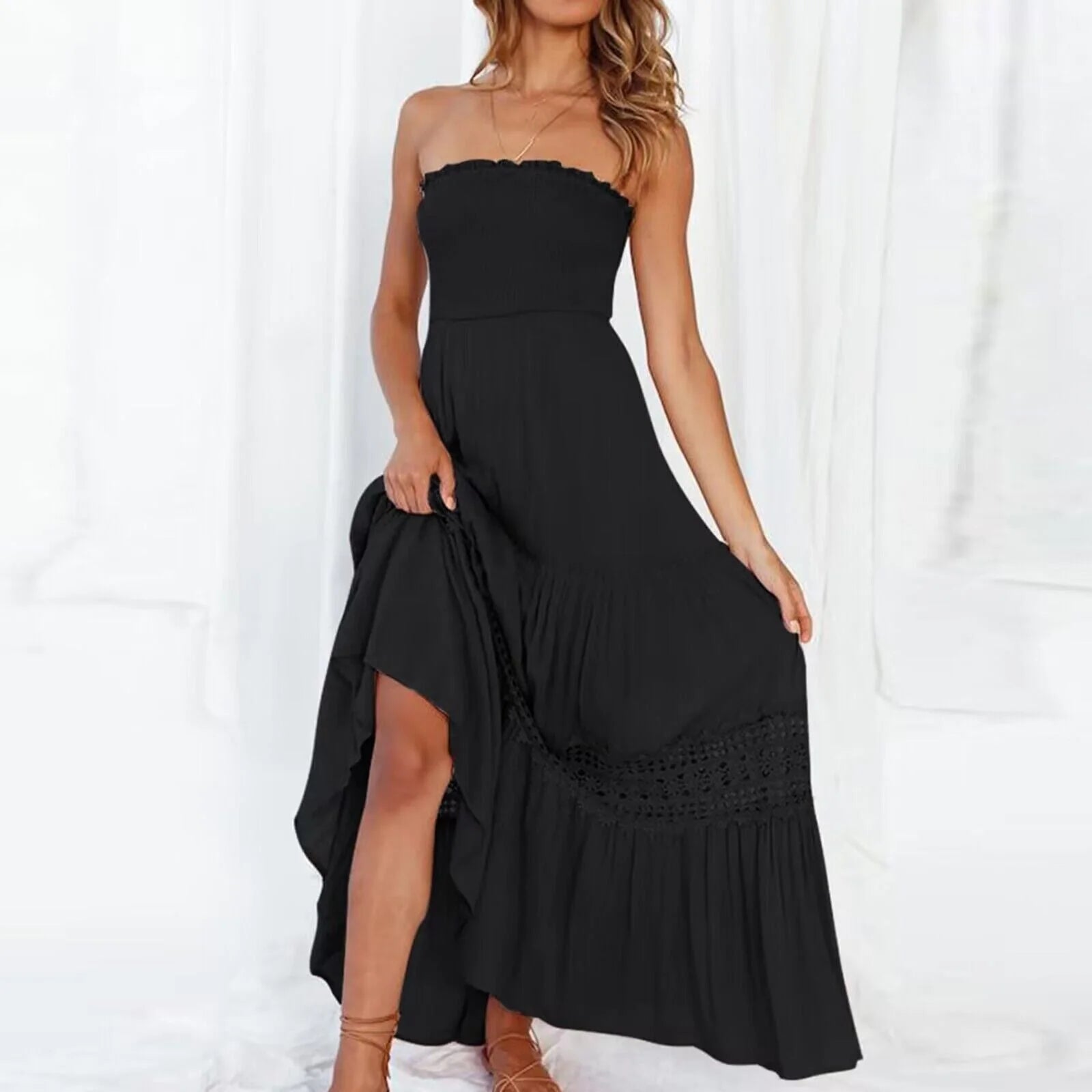 Erminia – Abito Lungo Stile Bohémien per Donna Schwarz