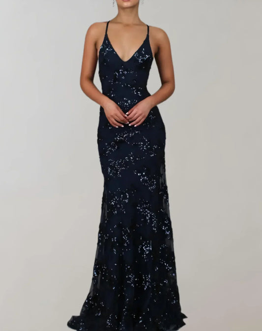 Ernesta – Abito Lungo con Paillettes e Scollo a V per Donna Blu marino 2