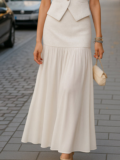 Ernestina - Pearl Button Vest And Maxi Skirt Two-Piece Set Bianco