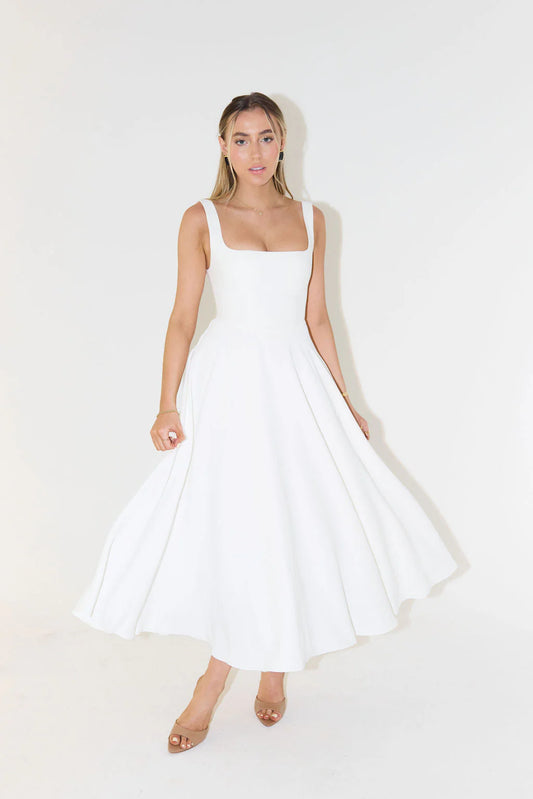 Eugenia – Abito Midi Satinato con Scollo Quadrato per Donna Bianco