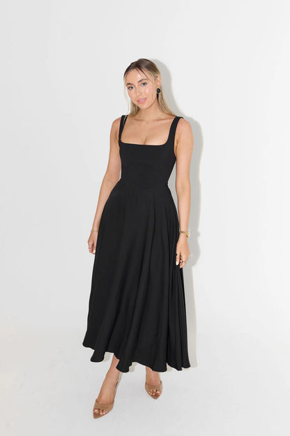 Eugenia – Abito Midi Satinato con Scollo Quadrato per Donna Nero