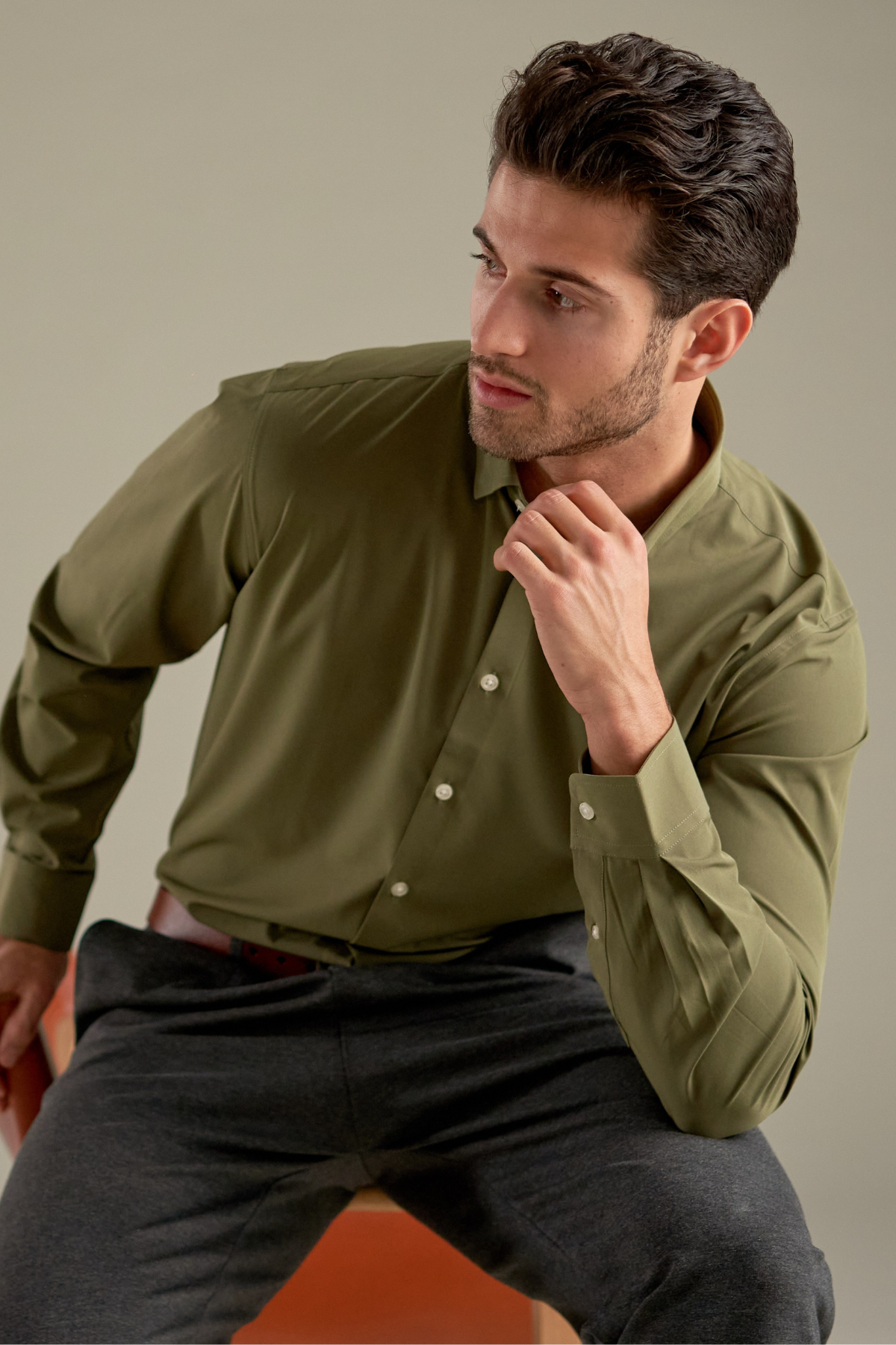 Leandro - Camicia Uomo Verde Oliva Elegante Casual