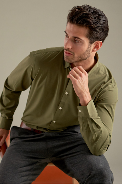 Leandro - Camicia Uomo Verde Oliva Elegante Casual