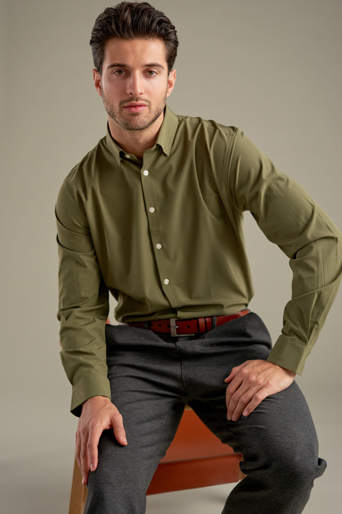 Leandro - Camicia Uomo Verde Oliva Elegante Casual