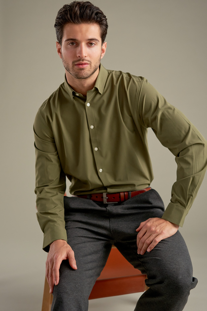 Leandro - Camicia Uomo Verde Oliva Elegante Casual