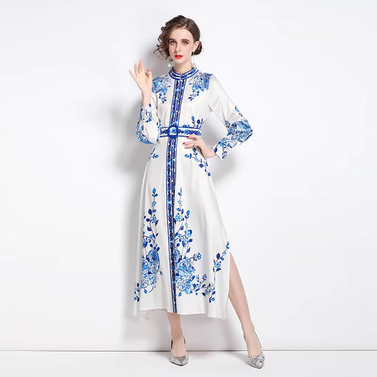 Ezia – Abito Lungo Floreale con Cintura per Donna Blu