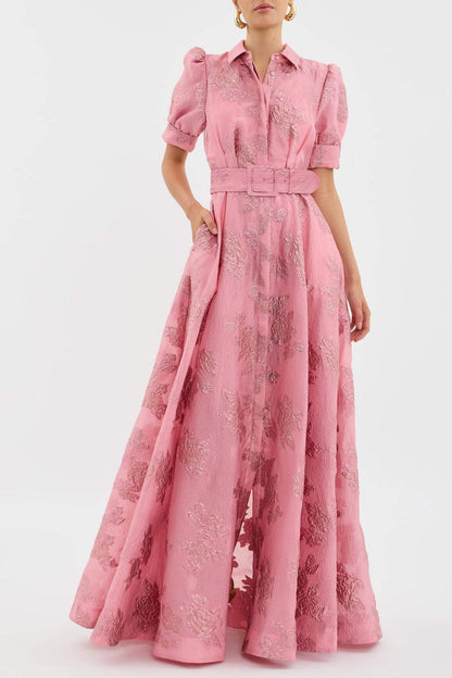 Fabiana – Abito Lungo Jacquard con Maniche a Sbuffo per Donna Rosa