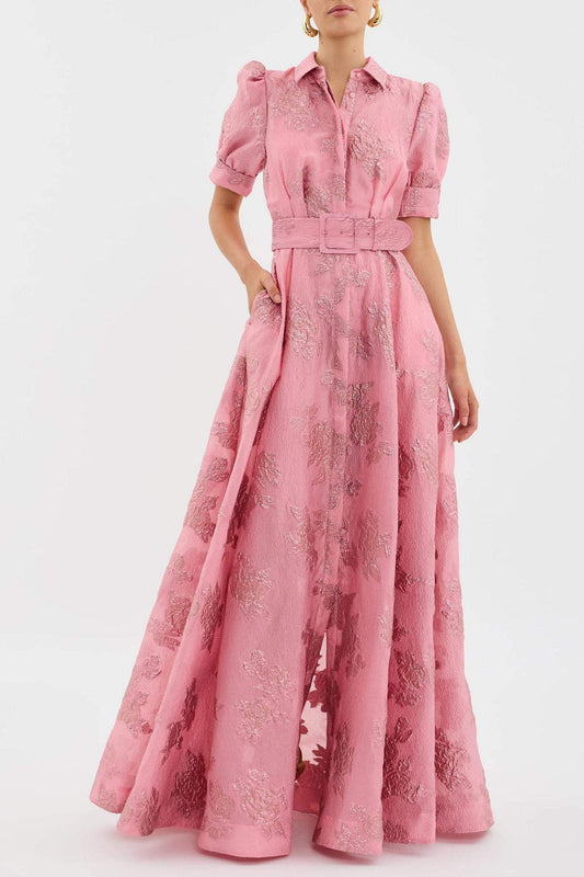 Fabiana – Abito Lungo Jacquard con Maniche a Sbuffo per Donna Rosa