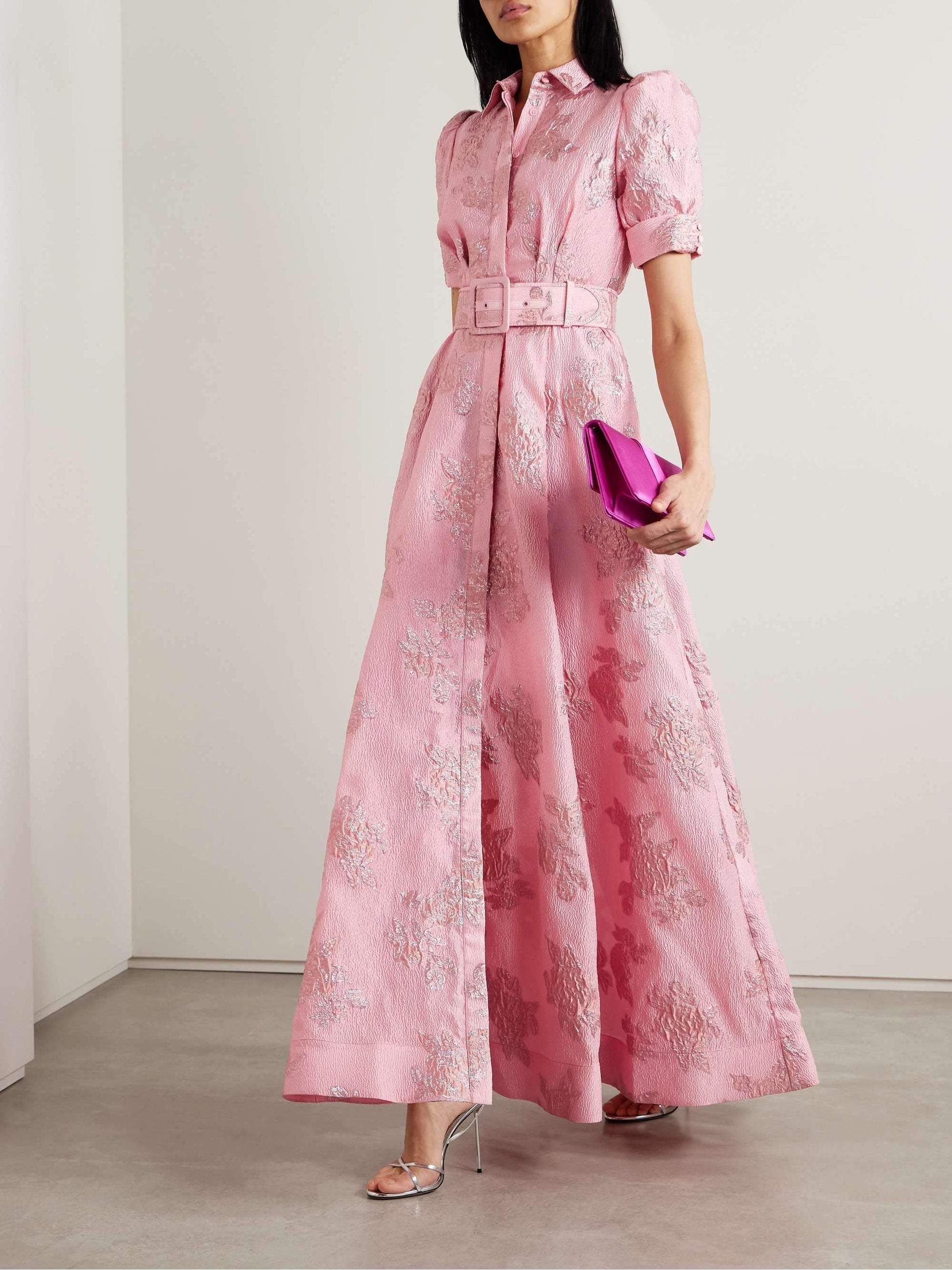 Fabiana – Abito Lungo Jacquard con Maniche a Sbuffo per Donna Rosa