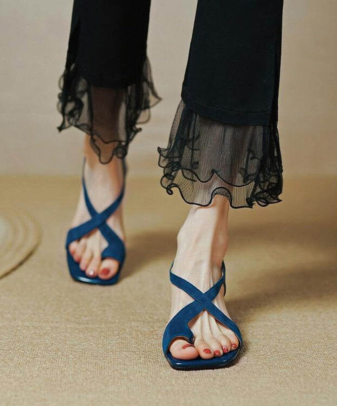 Masita – Sandali Chunky in Vera Pelle Blu con Cinturino Incrociato Splicing