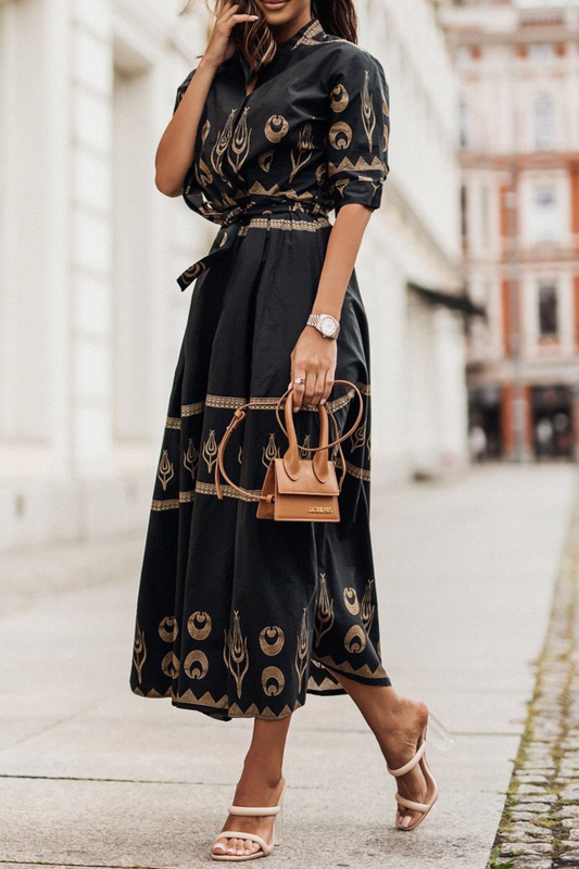 Federica – Vestito Vintage in Cotone con Cintura per Donna Nero