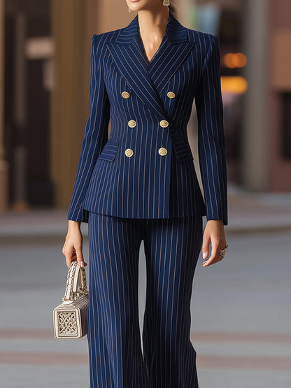 Fiorella - Elegantes Marineblaues Nadelstreifen-Doppelreihiges Anzug-Set Blu navy