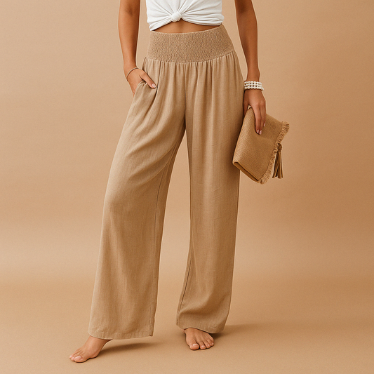 Flavia – Pantaloni Eleganti in Lino a Gamba Larga per Donna Khaki