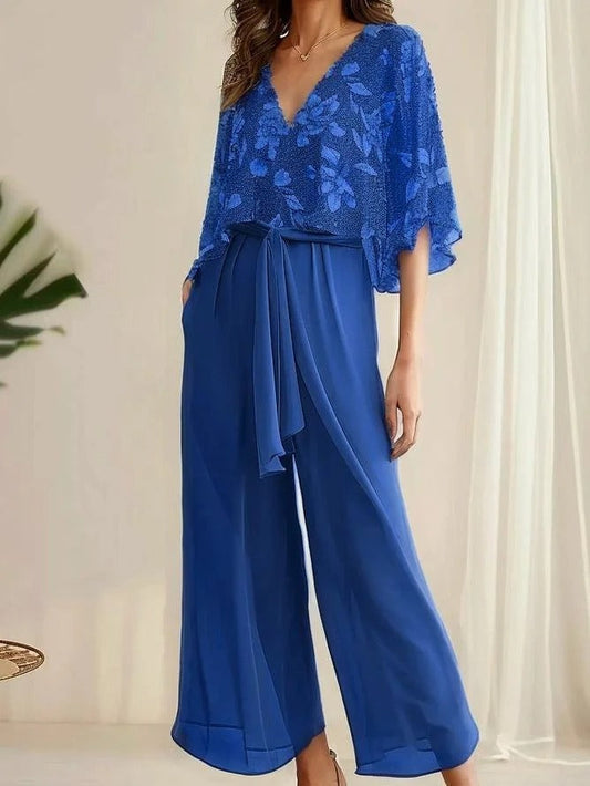 Fortunata – Completo Due Pezzi con Blusa e Pantaloni a Gamba Larga Blu navy