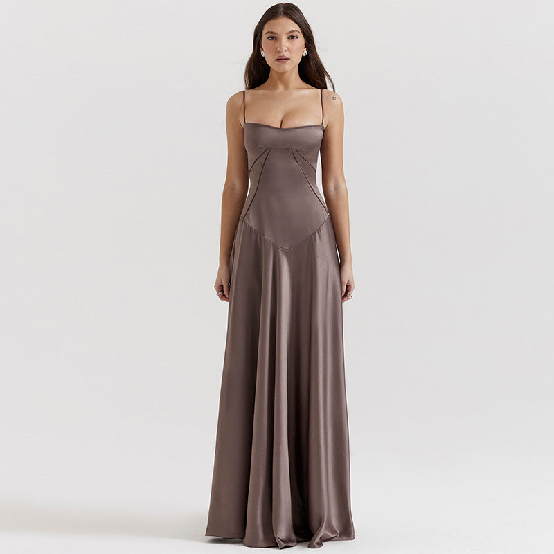 Francesca – Abito da Sera in Raso Lucido con Vita Cut-Out Marrone