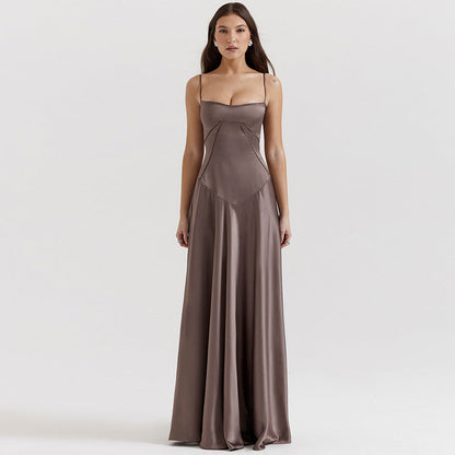 Francesca – Abito da Sera in Raso Lucido con Vita Cut-Out Marrone